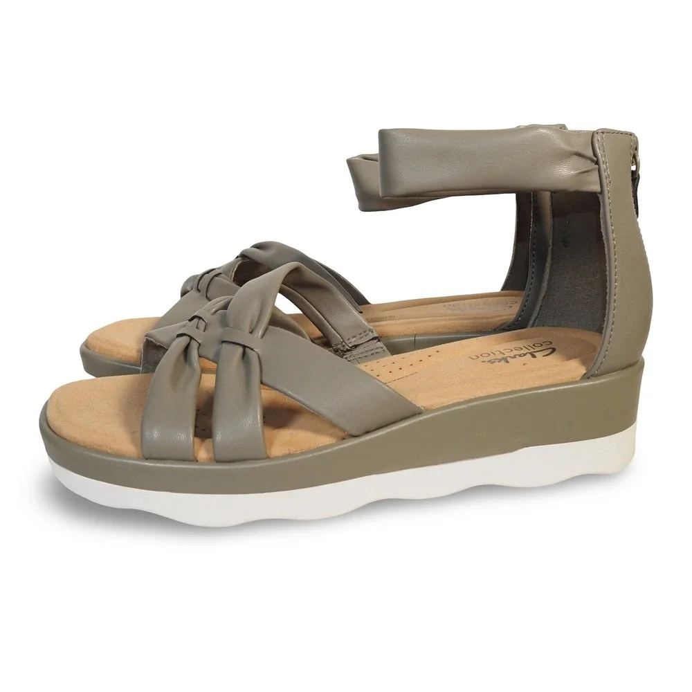 Clarks Clara Rae Wedge Sandals Womens 8.5M Olive Green Ankle Strap 61415466